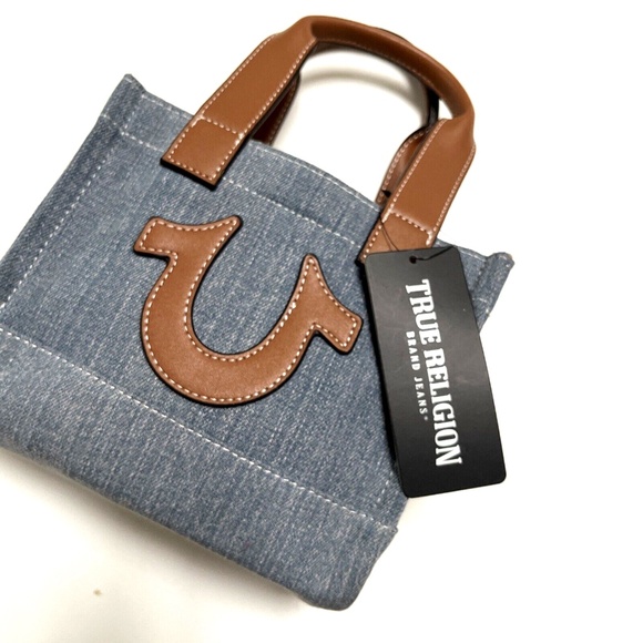 NWT TRUE RELIGION Denim Horseshoe Mini Tote Crossbody Bag Patch Logo Light Blue - Picture 2 of 8